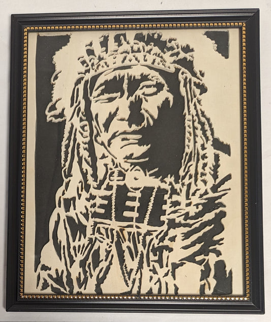 Art Hand Scroll Sawn Cut Out " Ghost Bear" Portait in frame under glass  Credited and Autographed