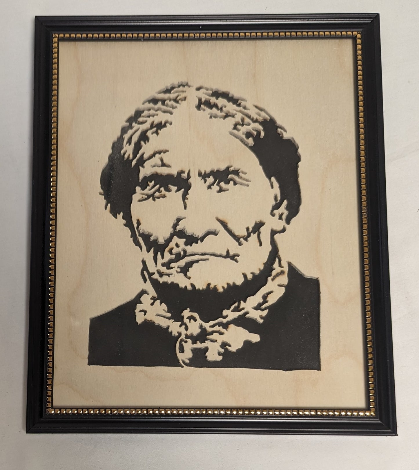 Art Hand Scroll Sawn Cut Out " Geronimo" Portait in frame under glass  Credited and Autographed
