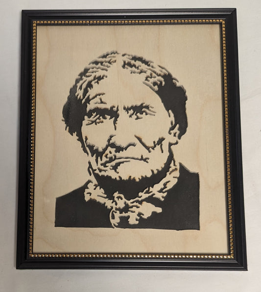 Art Hand Scroll Sawn Cut Out " Geronimo" Portait in frame under glass  Credited and Autographed