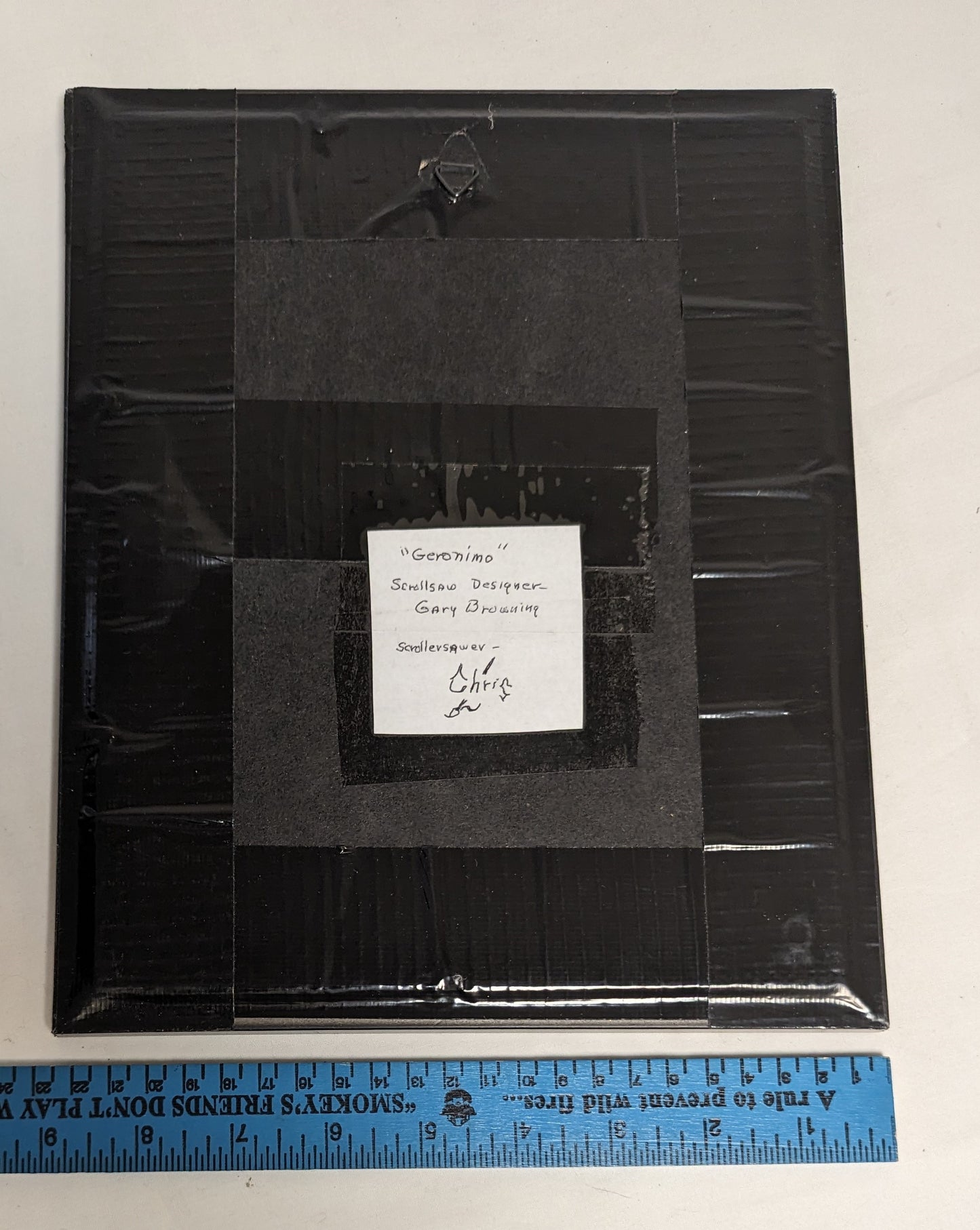 Art Hand Scroll Sawn Cut Out " Geronimo" Portait in frame under glass  Credited and Autographed