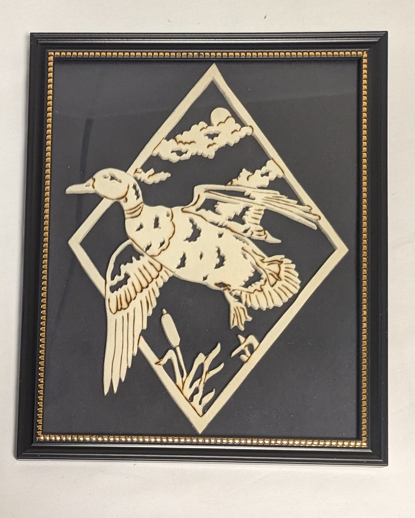 Art Hand Scroll Sawn Cut Out " Mallard Duck " Emblem in frame under glass