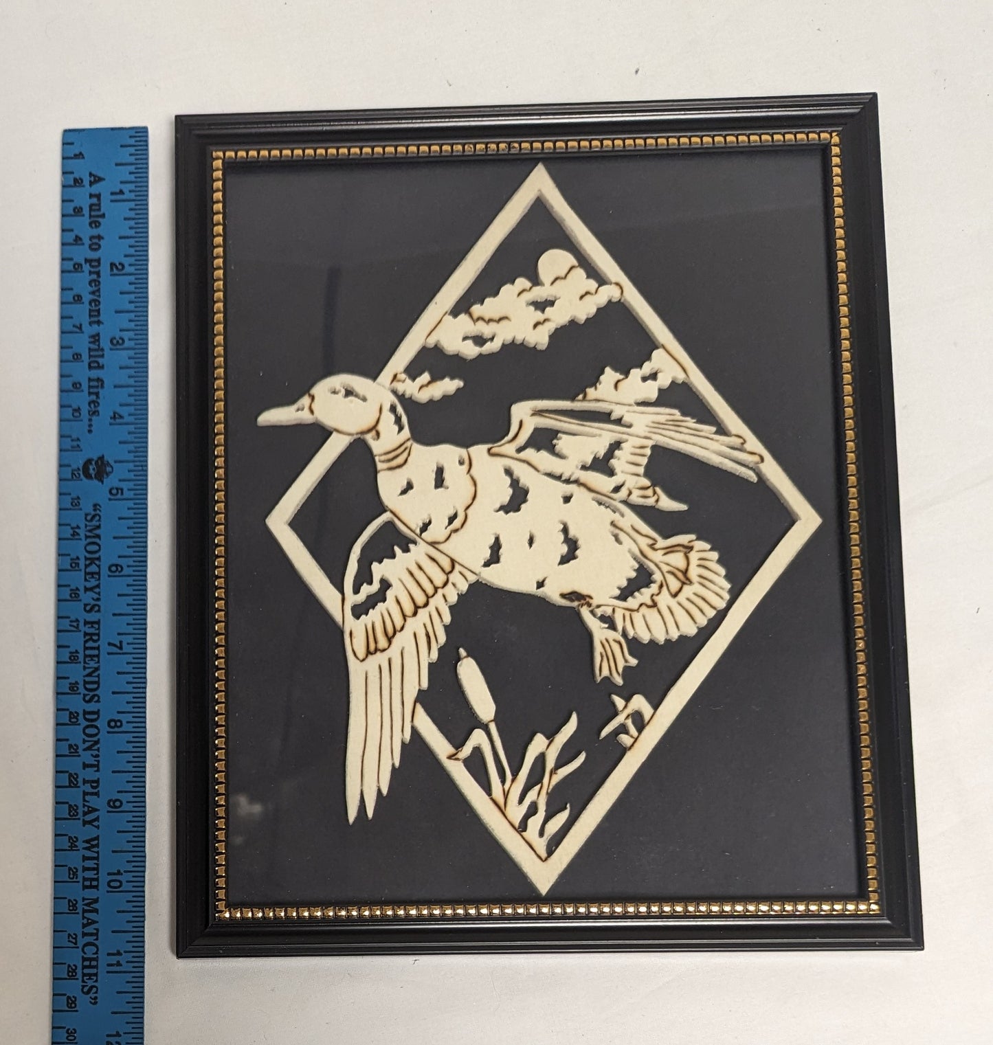 Art Hand Scroll Sawn Cut Out " Mallard Duck " Emblem in frame under glass