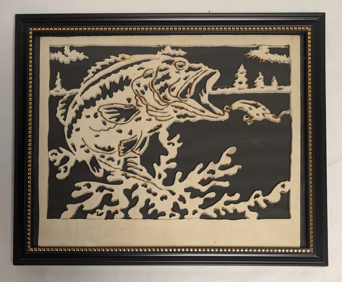 Art Hand Scroll Sawn Cut Out " Largemouth Catch "  in frame under glass