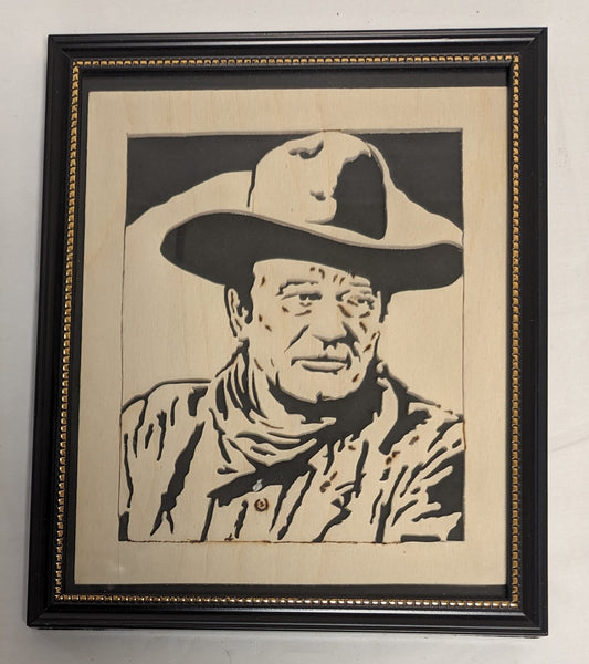 Art Hand Scroll Sawn Cut Out " John Wayne " Portait in frame under glass  Credited and Autographed