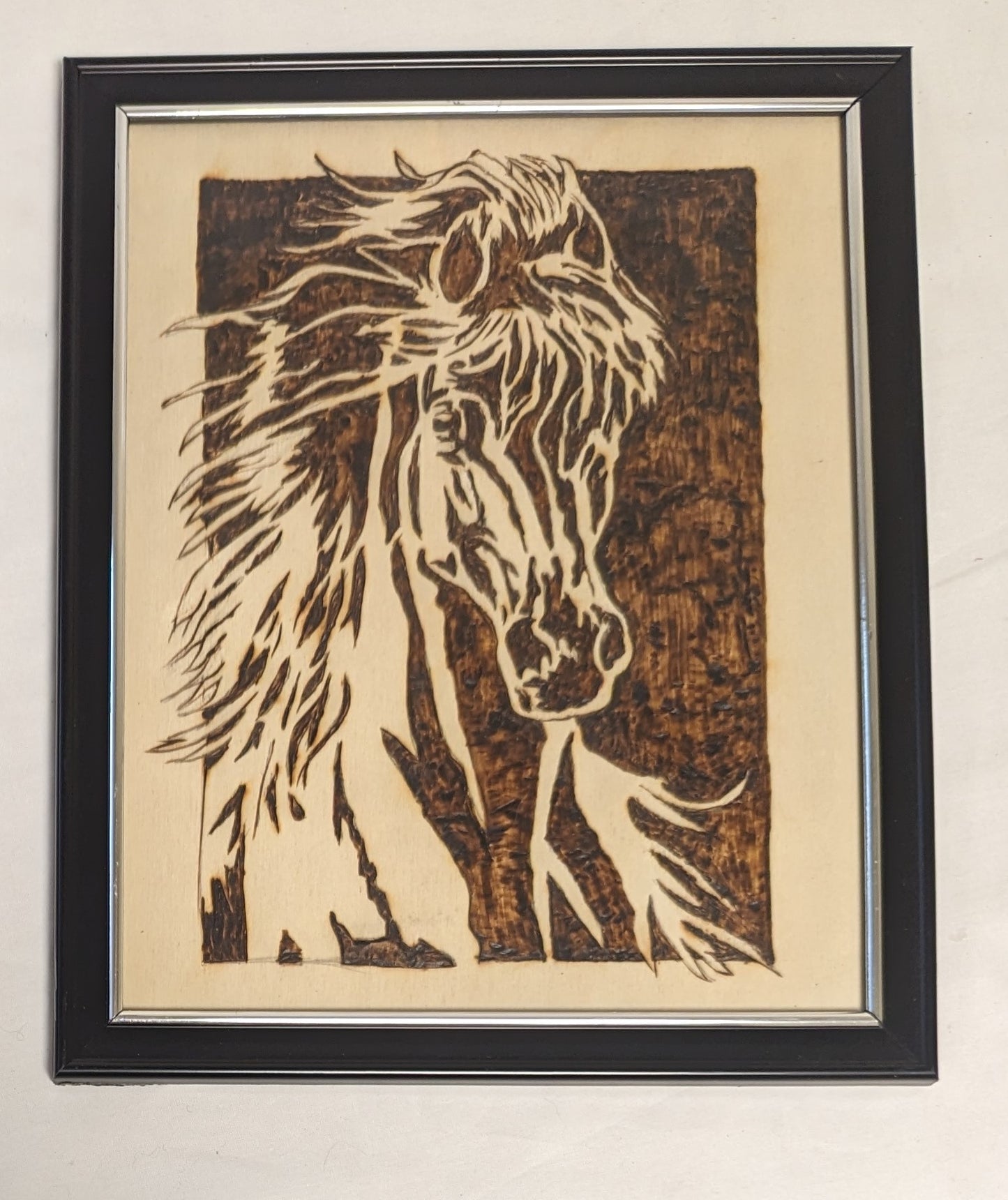 Art Hand Pyrography Burned Emblem " Horse Power"  in frame under glass