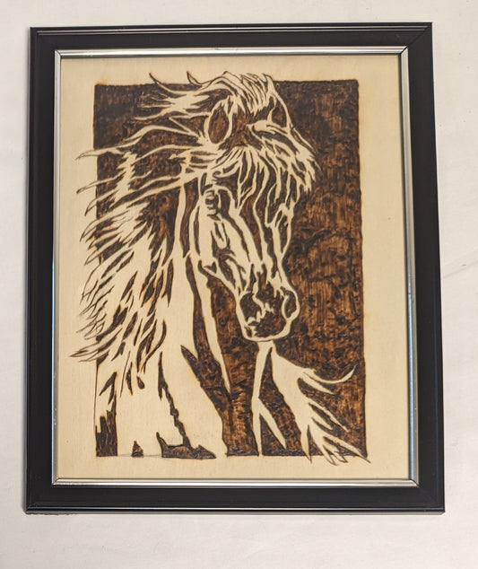 Art Hand Pyrography Burned Emblem " Horse Power"  in frame under glass