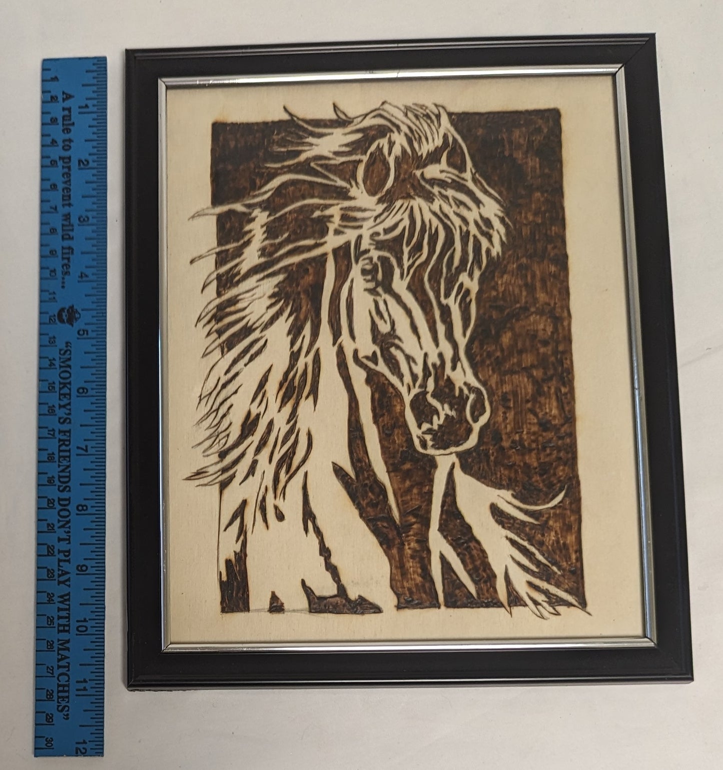 Art Hand Pyrography Burned Emblem " Horse Power"  in frame under glass
