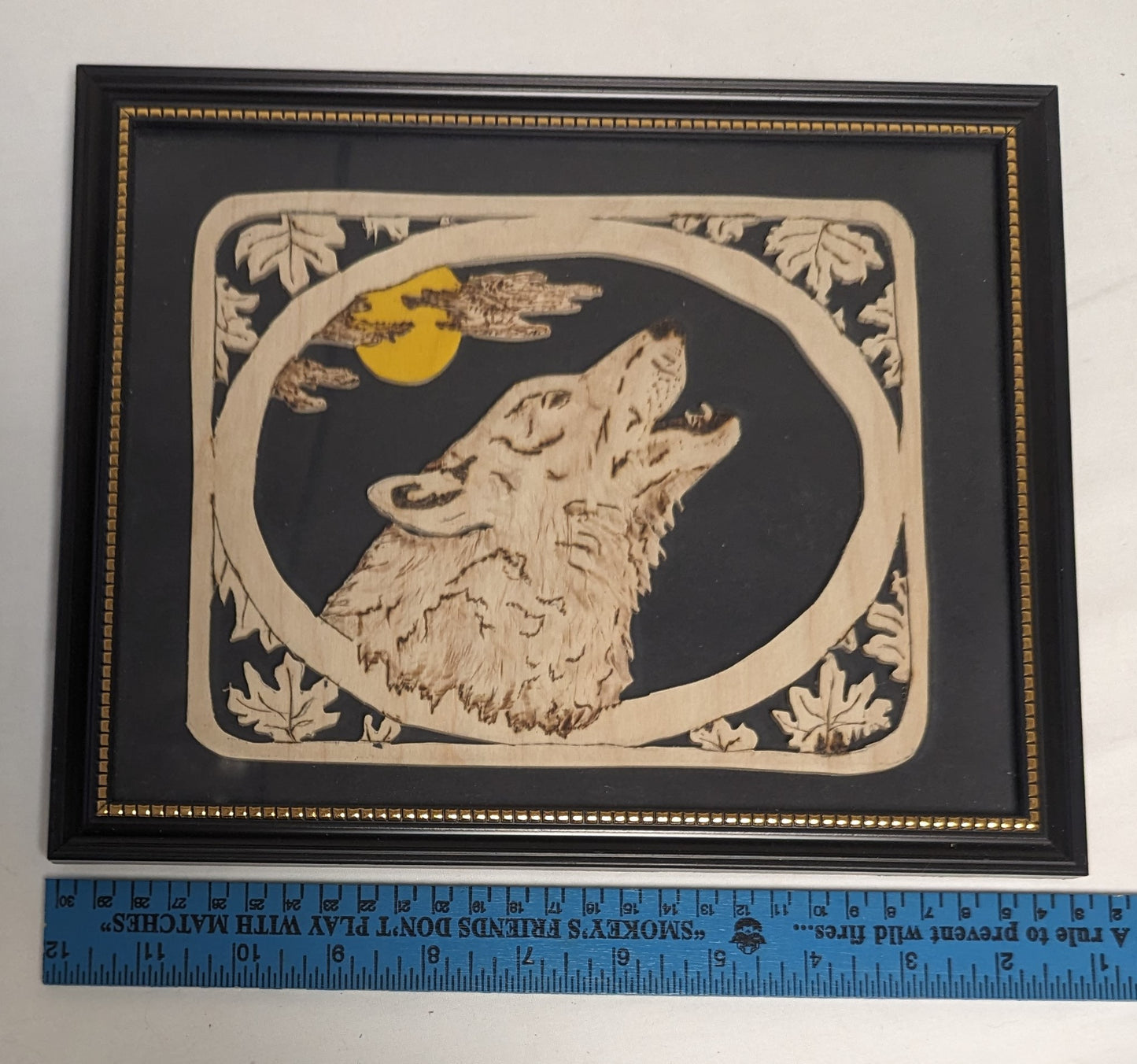 Art Hand Pyrography Burned and Scroll Sawn Cutout Emblem " Wolf Howl"  in frame under glass