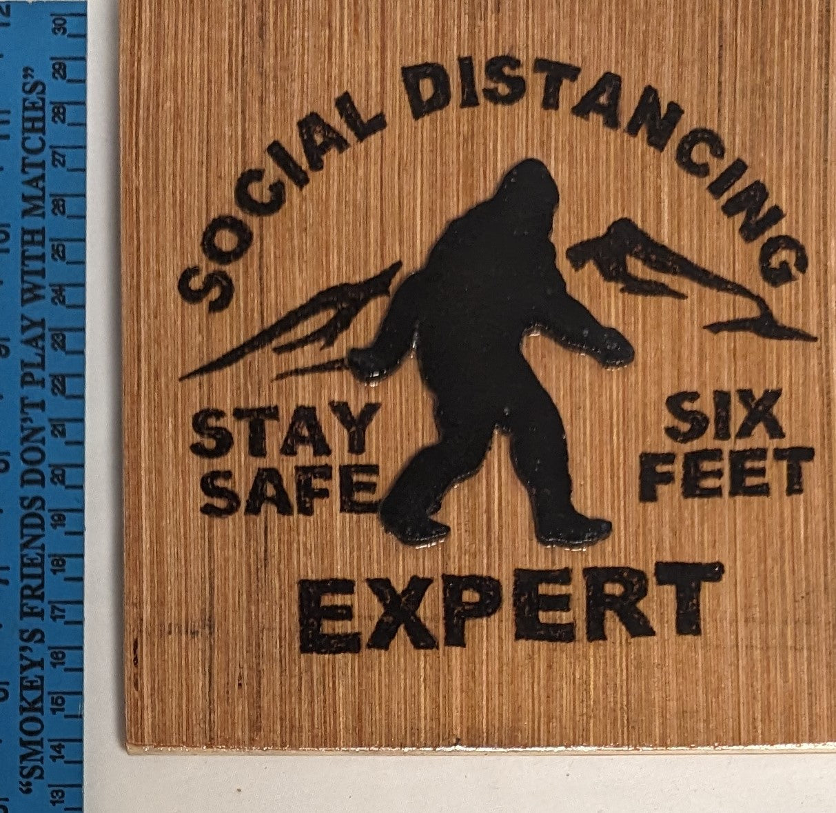 Art Hand Pyrography Burned and Scroll Sawn Cutout Layered  Emblem " Sasquatch"  in frame under glass
