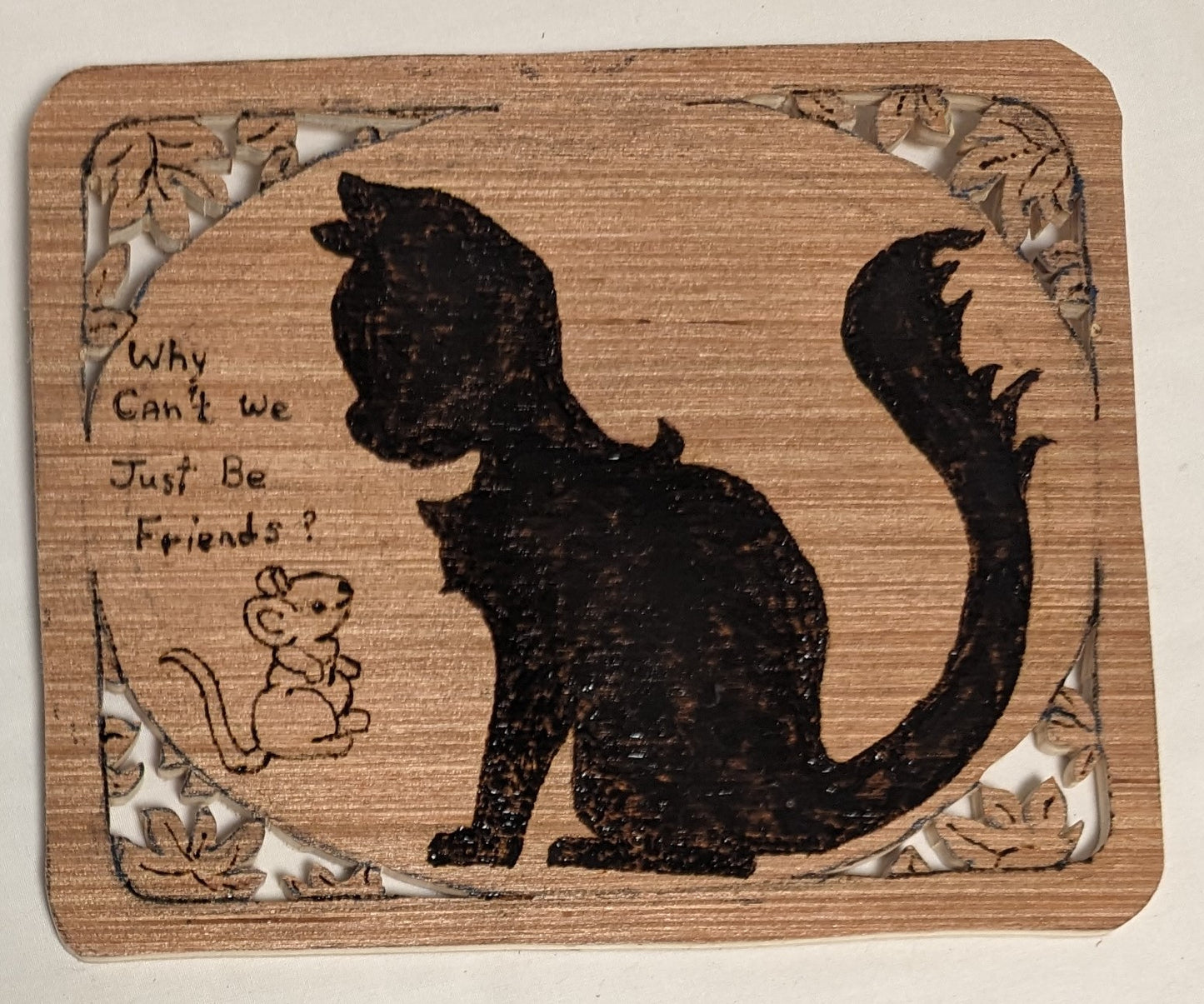 Art Hand Pyrography Burned and Scroll Sawn Cutout Emblem " Kitten and Mouse"