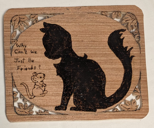 Art Hand Pyrography Burned and Scroll Sawn Cutout Emblem " Kitten and Mouse"