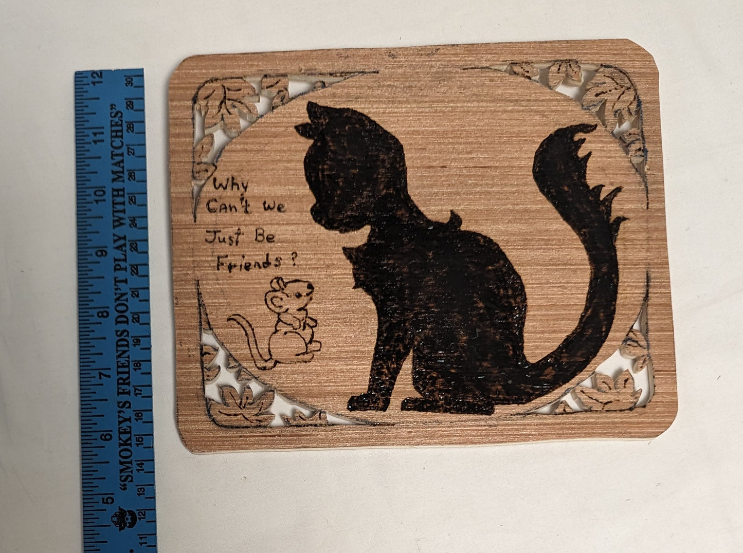 Art Hand Pyrography Burned and Scroll Sawn Cutout Emblem " Kitten and Mouse"