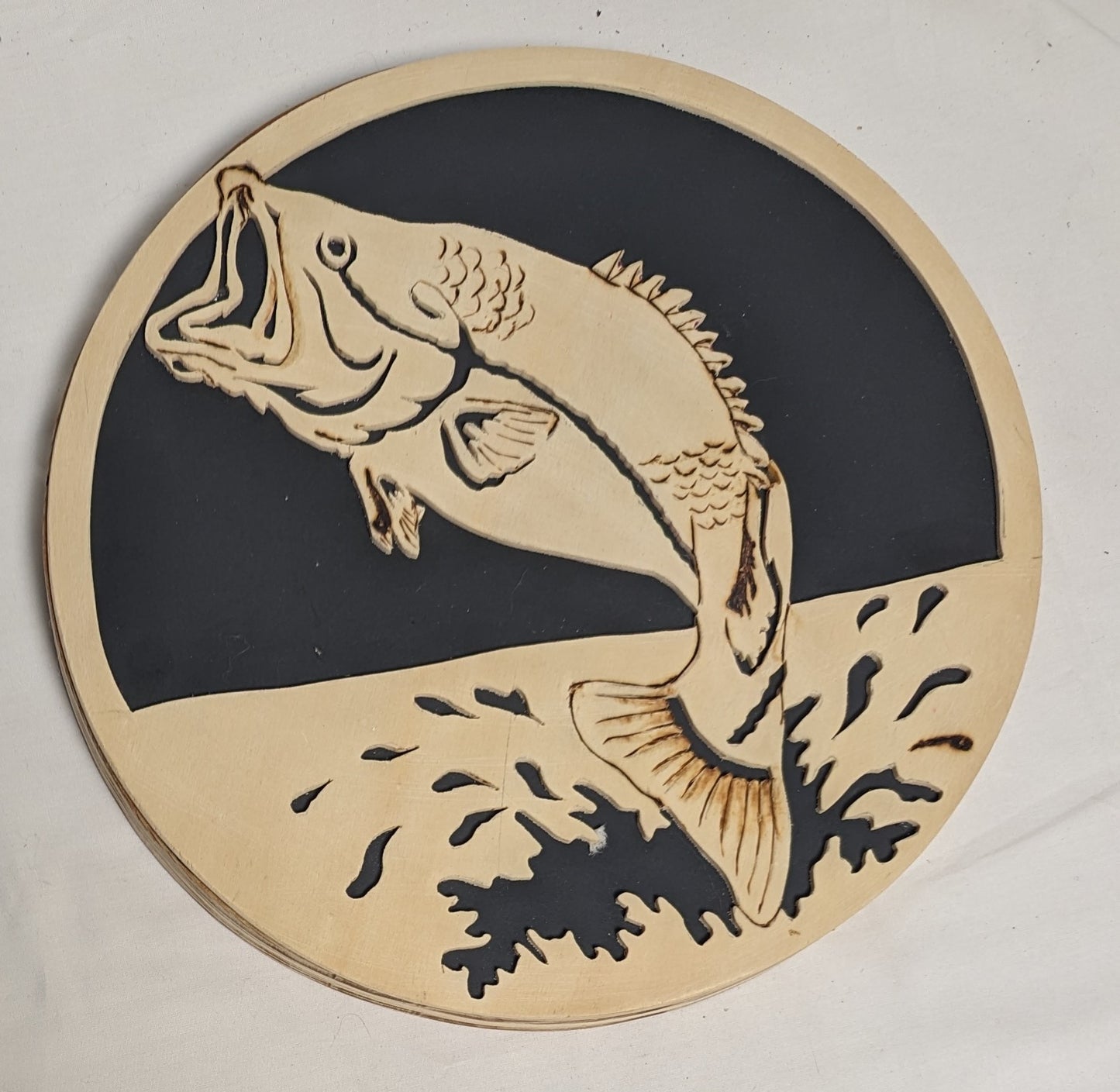 Art Hand Pyrography Burned and Scroll Sawn Cutout Emblem "Large Mouth Bass Jumping