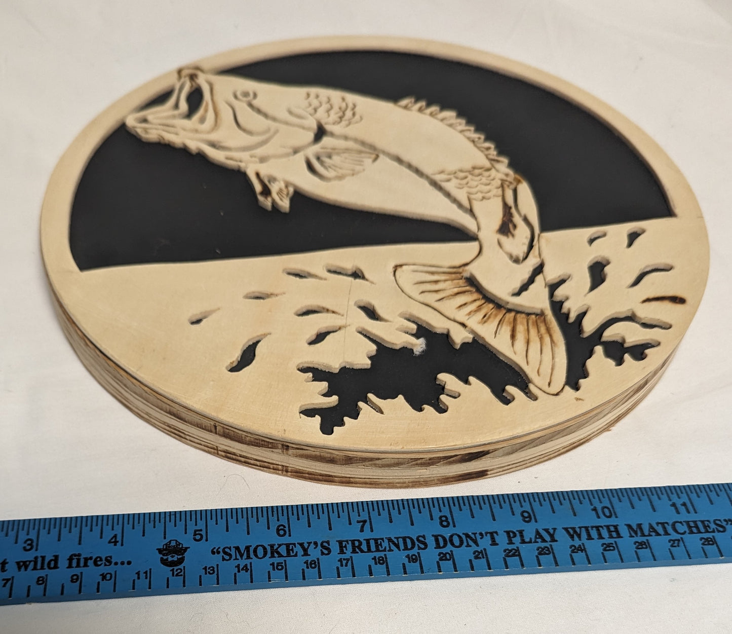 Art Hand Pyrography Burned and Scroll Sawn Cutout Emblem "Large Mouth Bass Jumping