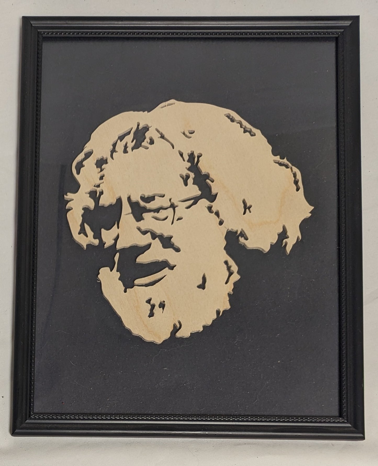 Art Hand Scroll Sawn Cutout Emblem "Jerry Garcia" in Frame under Glass