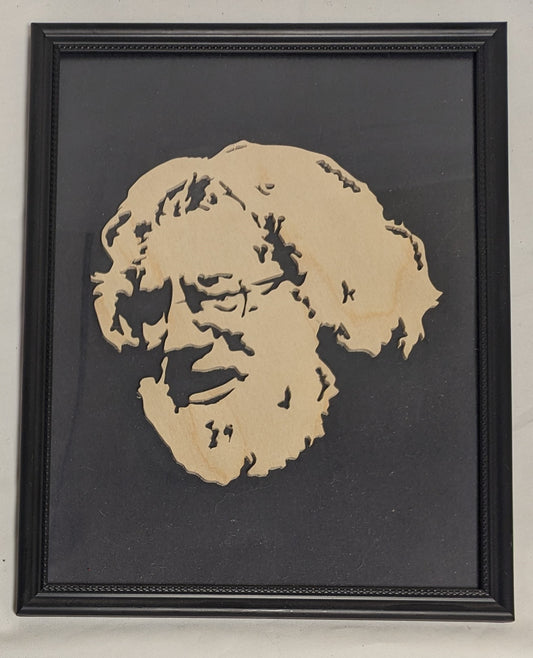 Art Hand Scroll Sawn Cutout Emblem "Jerry Garcia" in Frame under Glass