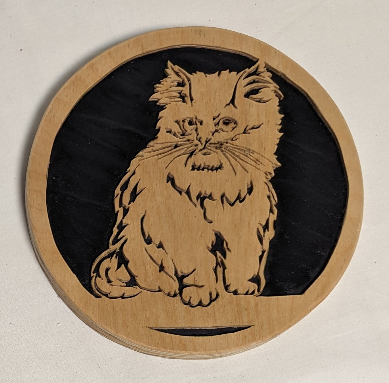Art Hand Made Vintage Scroll Sawn Cutout Emblem "Kitten"