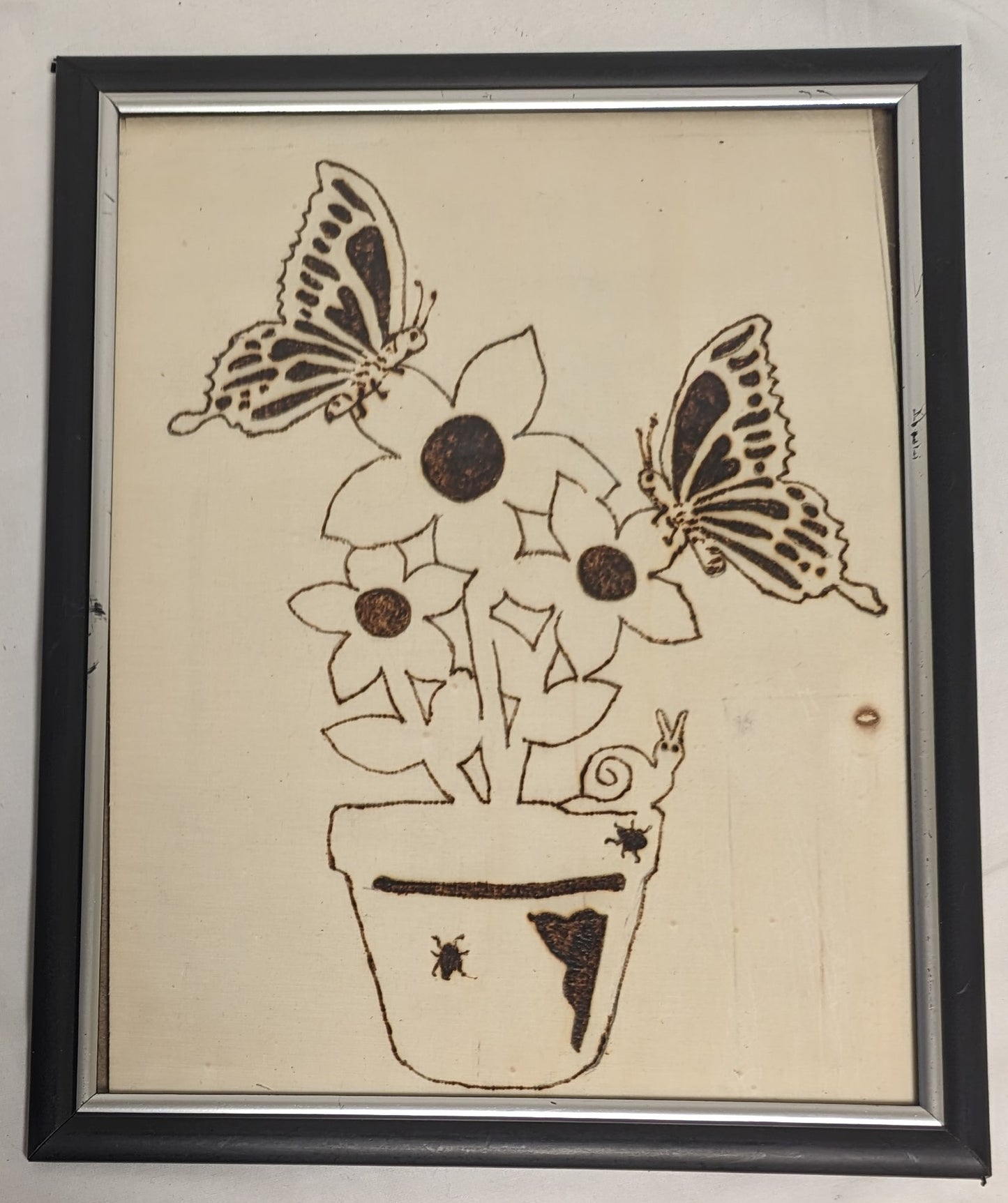 Art Hand Pyrography on wood Emblem " Butterflies in Flowers" in Frame under Glass