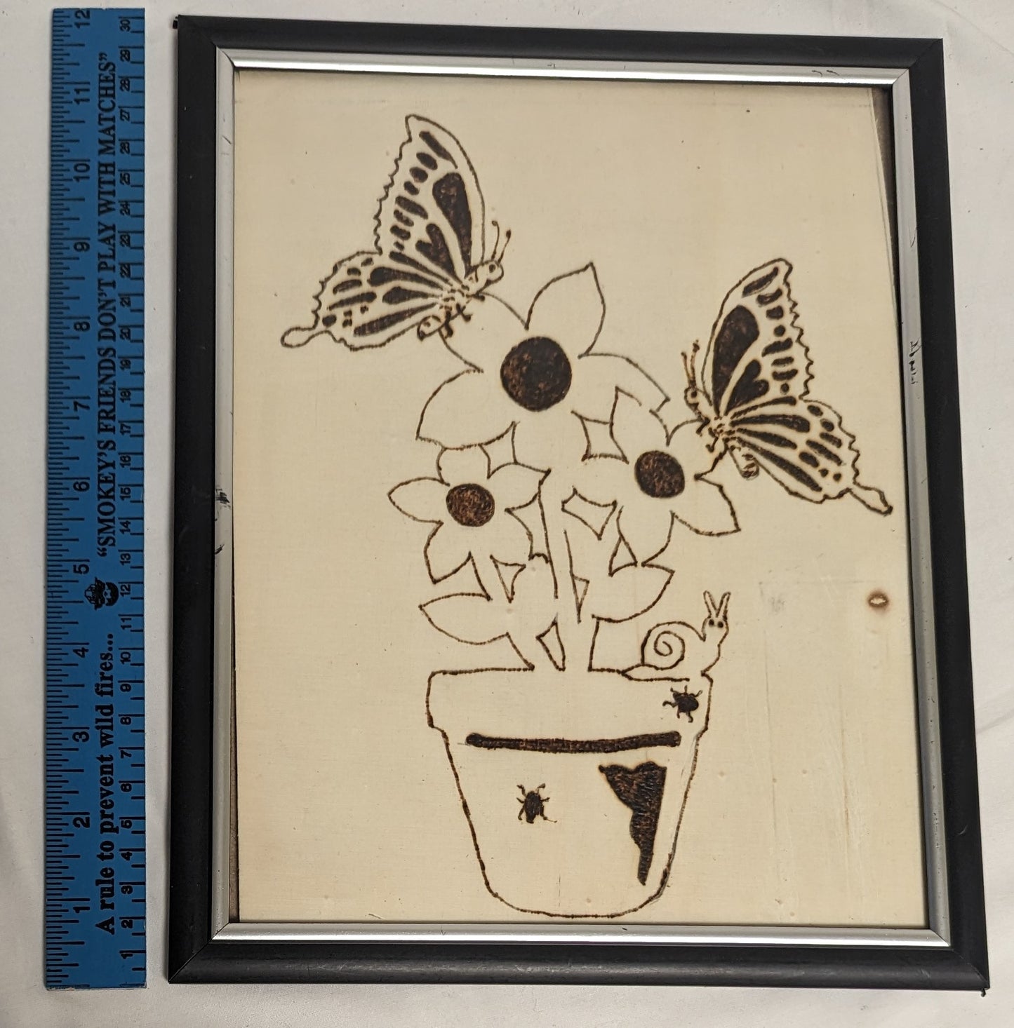Art Hand Pyrography on wood Emblem " Butterflies in Flowers" in Frame under Glass