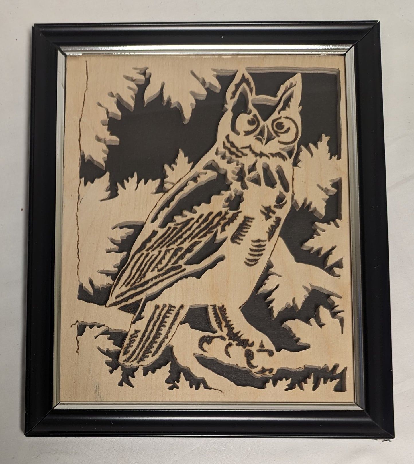 Art Handmade Scroll sawn Pyrography on wood " Owl in Tree"  in frame under glass.