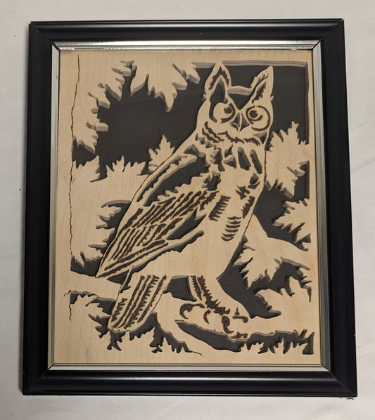 Art Handmade Scroll sawn Pyrography on wood " Owl in Tree"  in frame under glass.