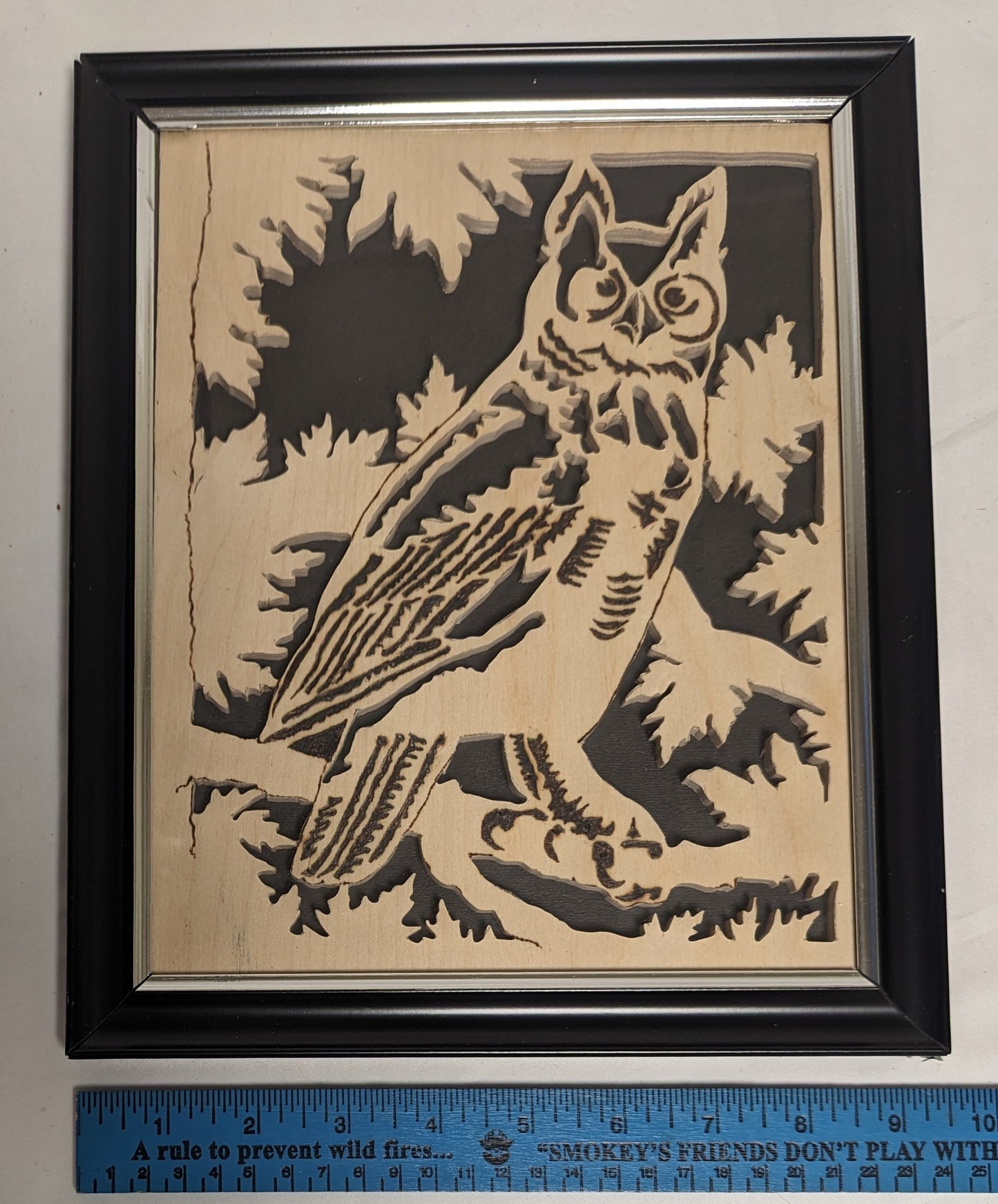 Art Handmade Scroll sawn Pyrography on wood " Owl in Tree"  in frame under glass.