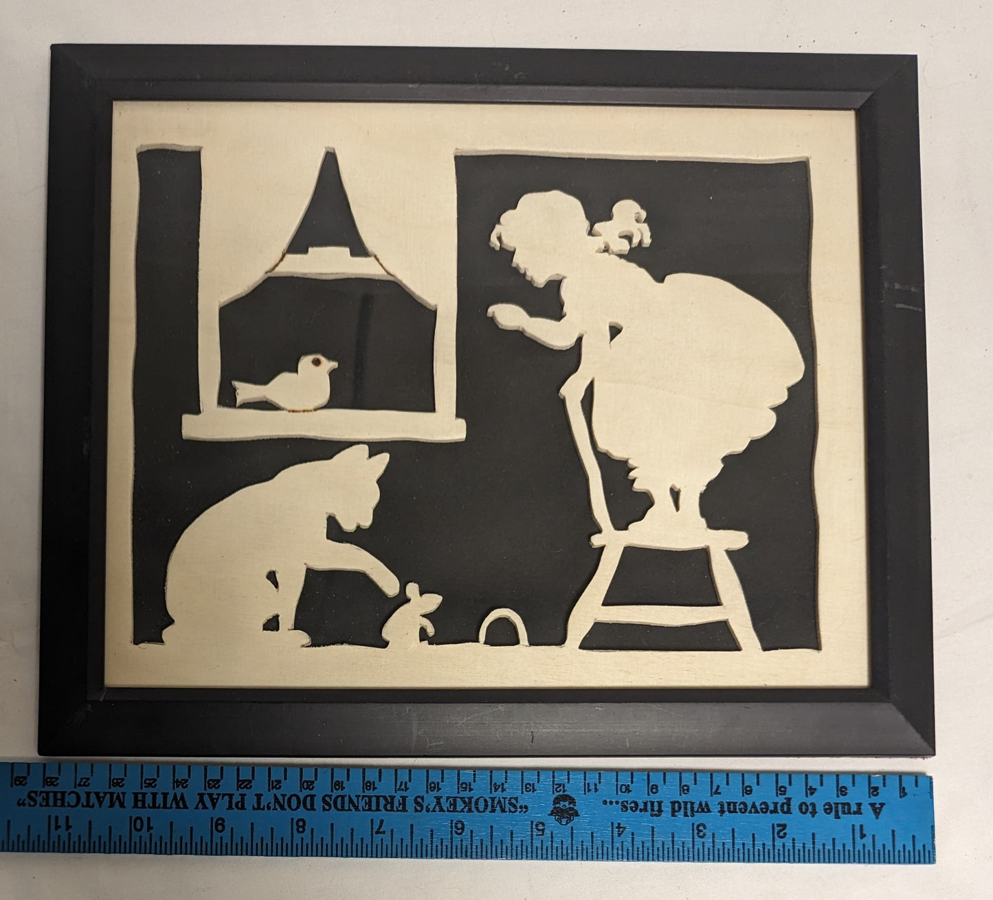 Art Handmade Scroll sawn on wood sign " Cat and Mouse"  in frame under glass.