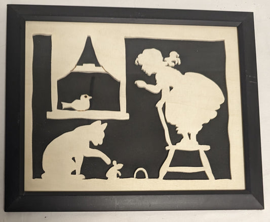 Art Handmade Scroll sawn on wood sign " Cat and Mouse"  in frame under glass.