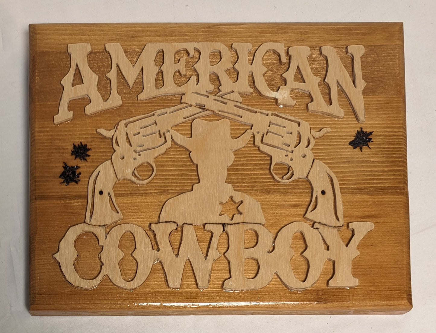 Art Handmade Scroll sawn Pyrography on wood sign " American Cowboy"