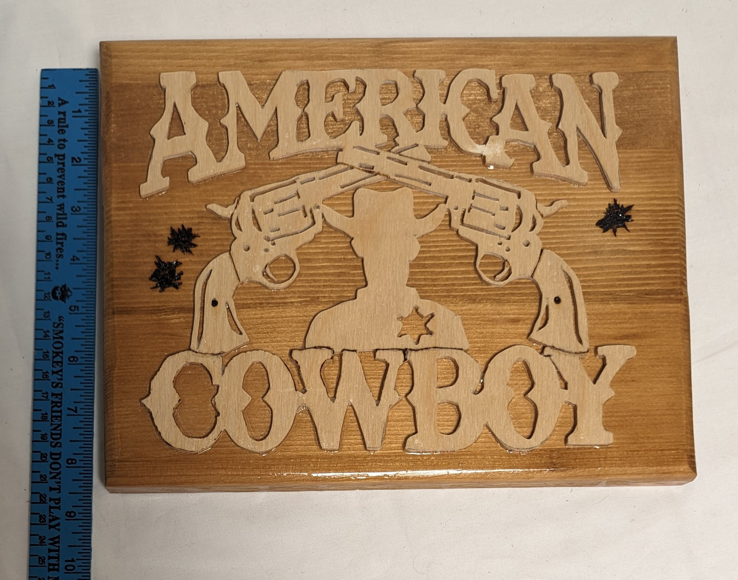 Art Handmade Scroll sawn Pyrography on wood sign " American Cowboy"