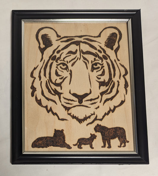 Art Handmade Pyrography on wood  " Tiger Face Emblem"  in frame under glass