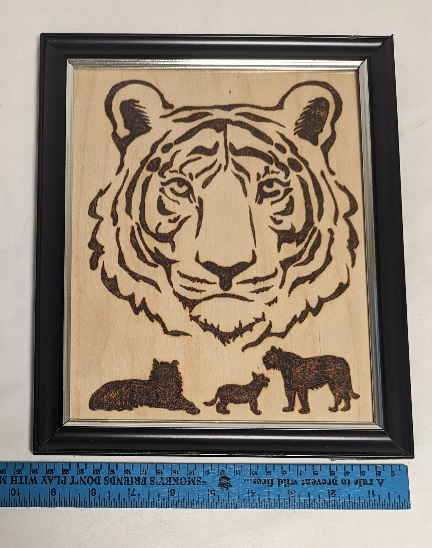 Art Handmade Pyrography on wood  " Tiger Face Emblem"  in frame under glass