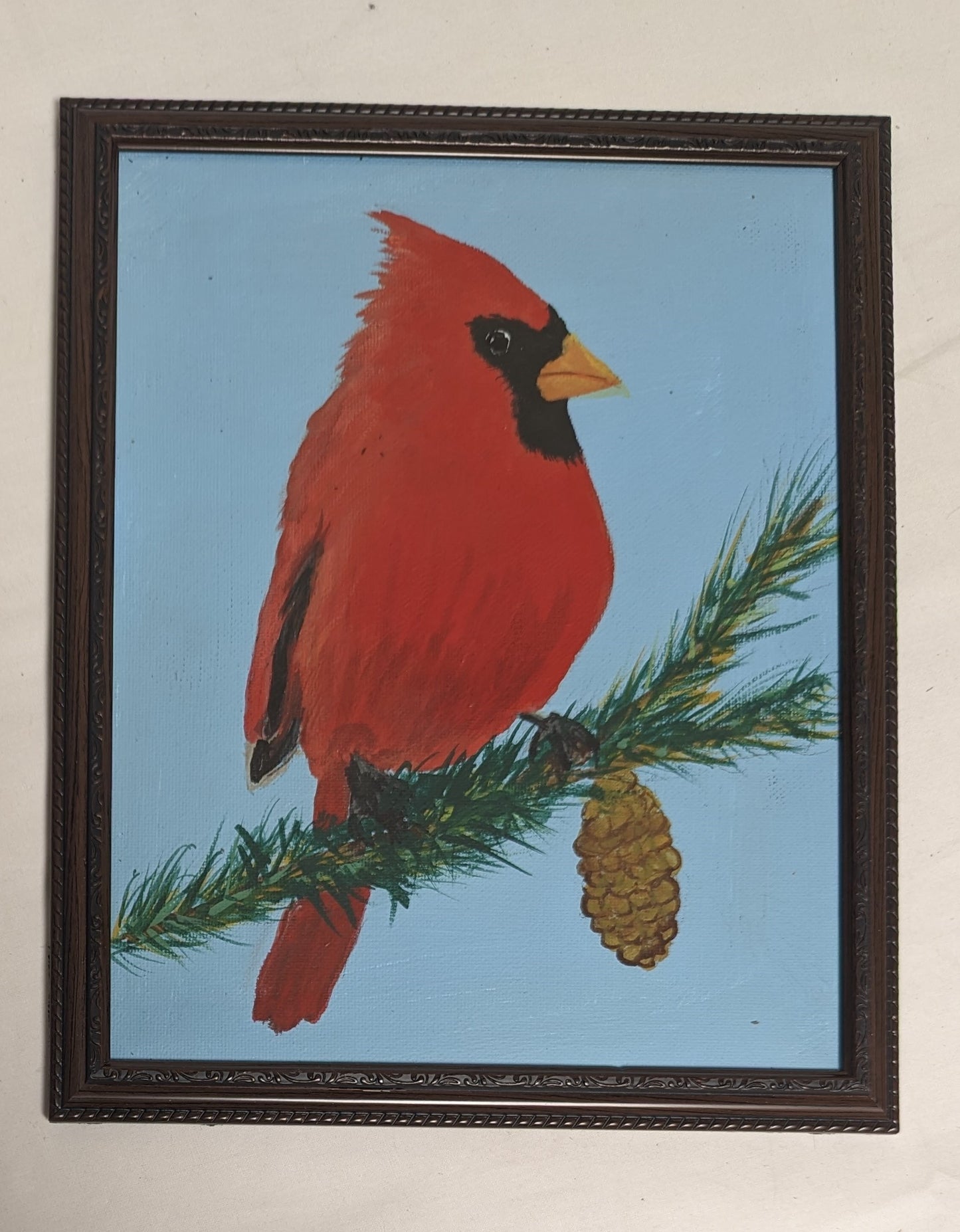 Art Handmade Painting on Canvas Board  " Cardinal"  in frame under glass