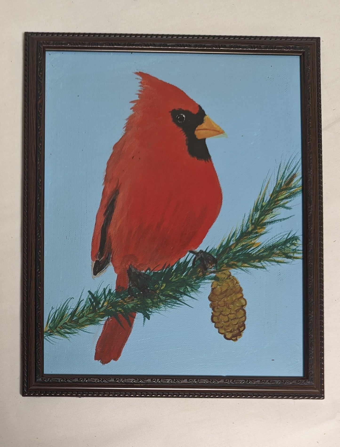 Art Handmade Painting on Canvas Board  " Cardinal"  in frame under glass