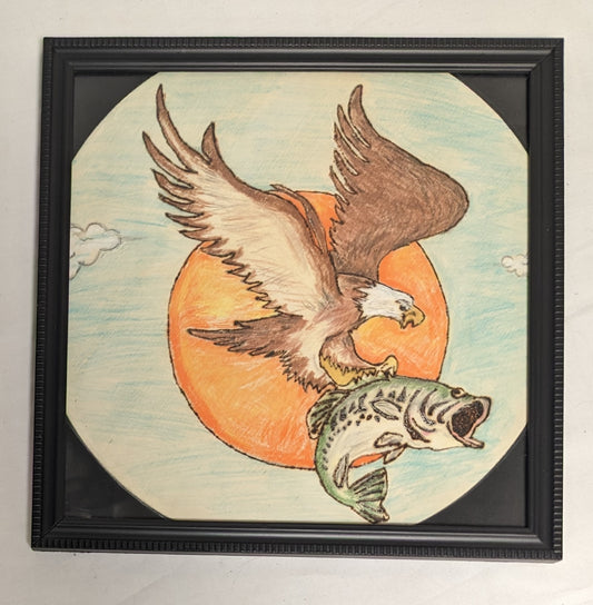 Art Handmade Pyrography on wood color filled " Eagle caught Fish"  in frame under glass