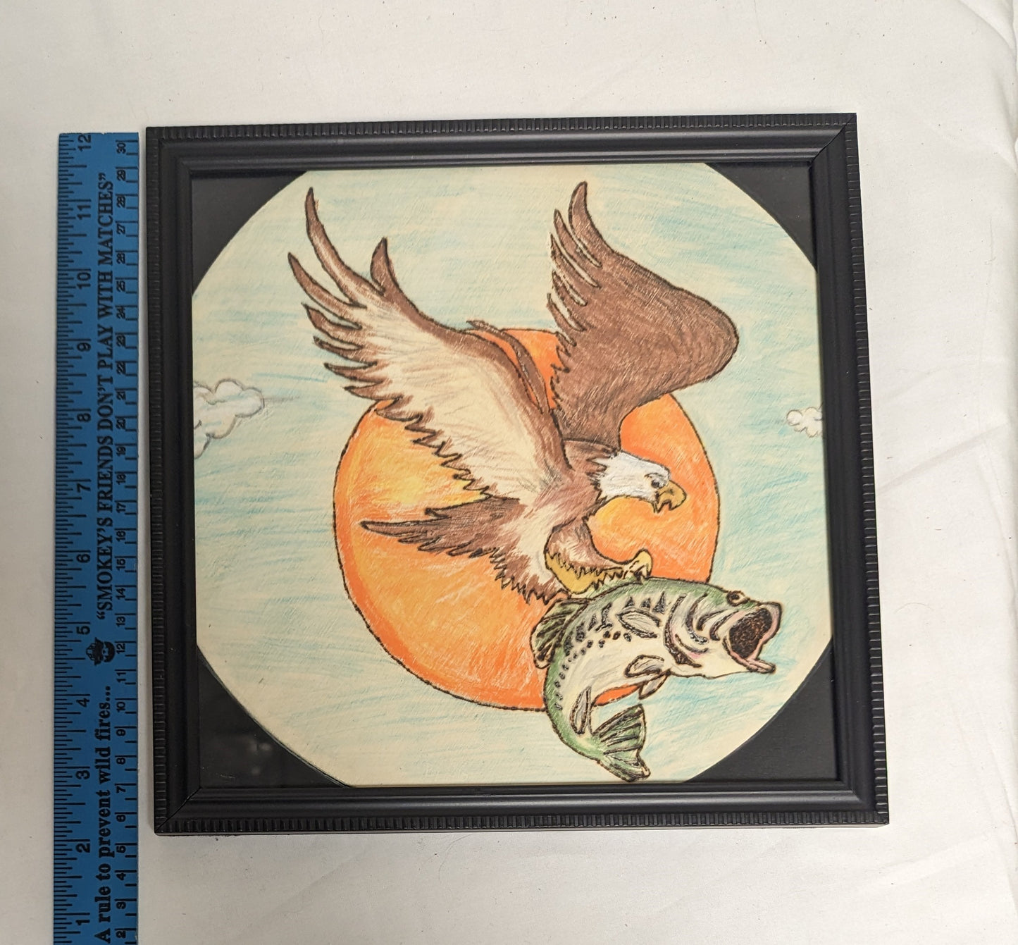 Art Handmade Pyrography on wood color filled " Eagle caught Fish"  in frame under glass