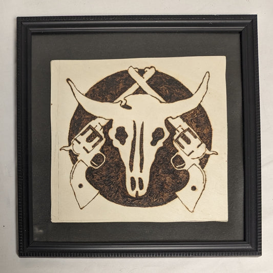 Art Handmade Pyrography on wood  " Skull and Cross Pistols"  in frame under glass