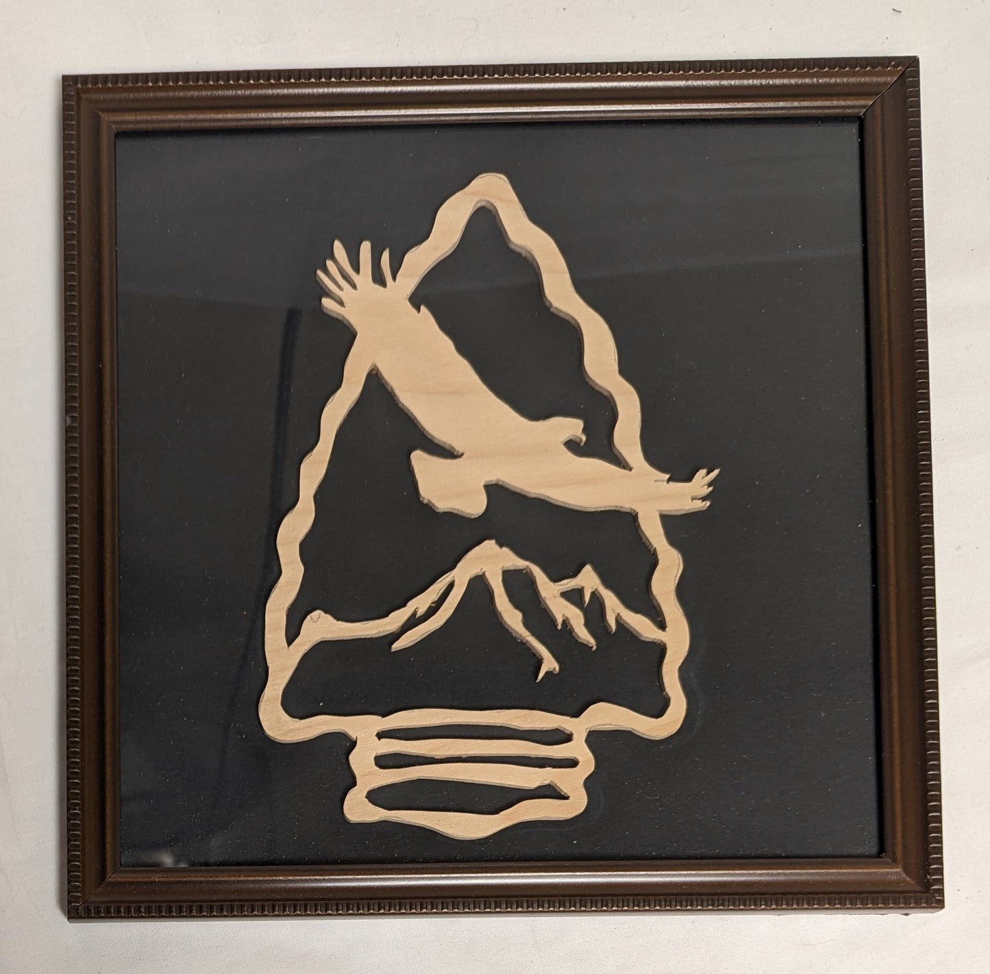 Art Handmade Scroll Saw Emblem on wood   " Eagle Soaring on Arrowhead"  in frame under glass