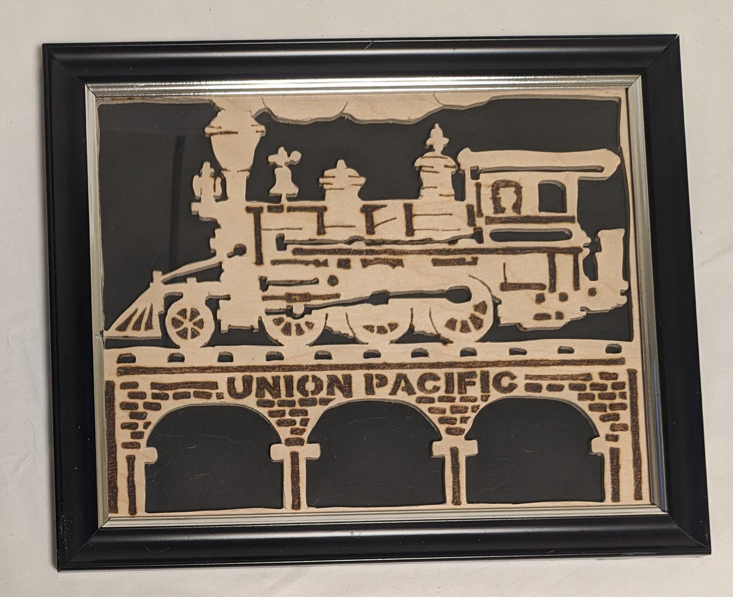 Art Handmade Scroll Saw Pyrography on wood " SteamTrain Union Pacific"  in frame under glass