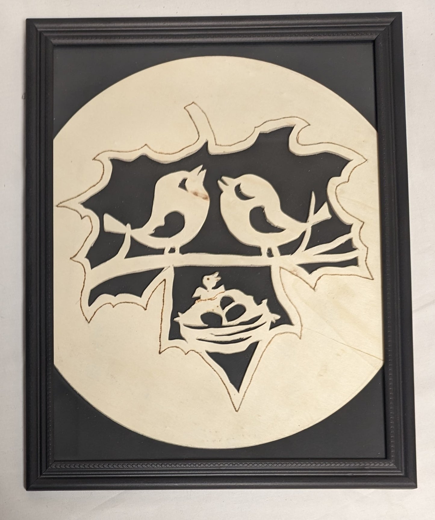 Art Handmade Scroll Sawn Pyrography on wood " Cute Love Birds on Branch"  in frame under glass