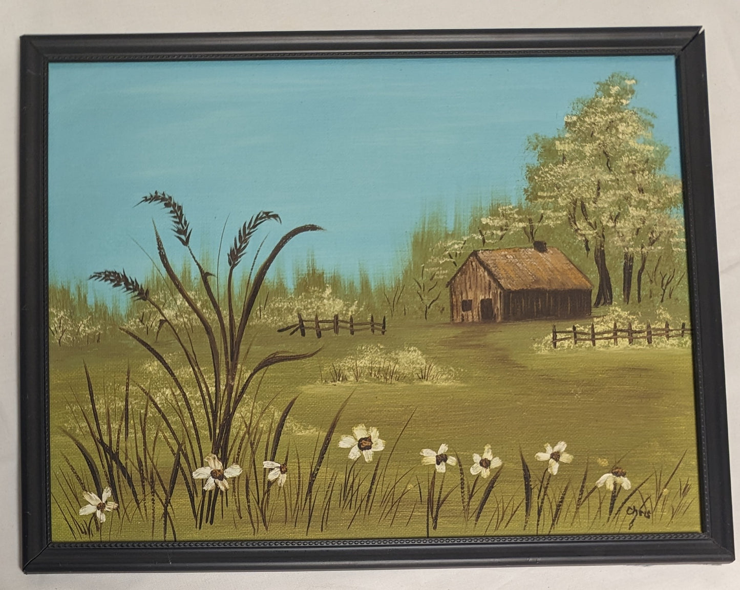 Art Handmade Painting on canvas board " Cabin with spring fence"  in frame under glass
