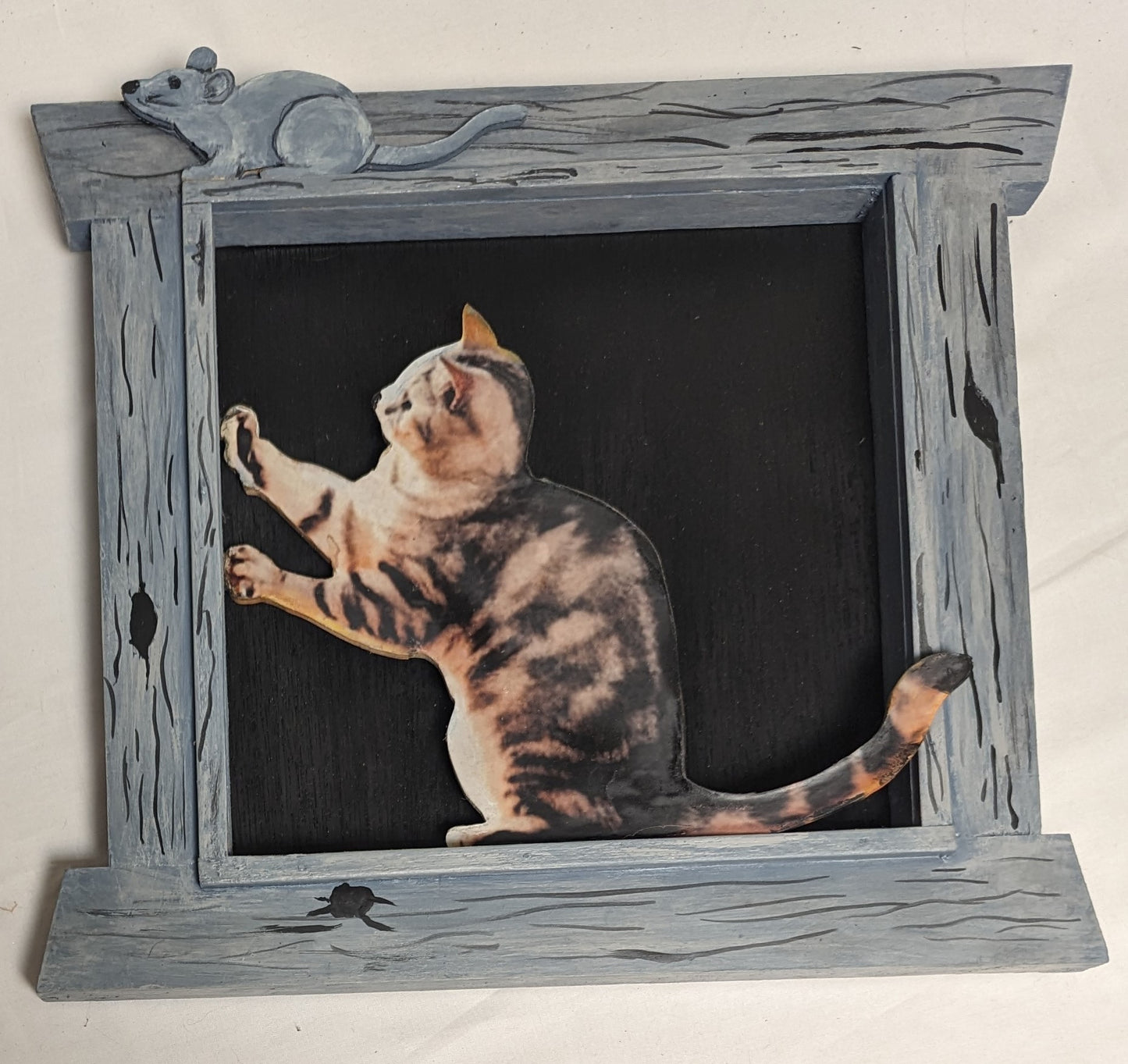 Art Handmade Mixed Media Painting Phot on wood board " Kitten in window"