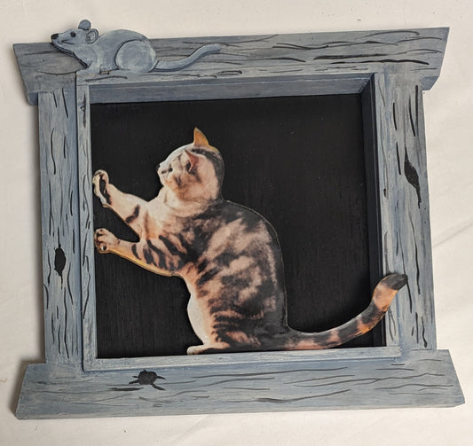 Art Handmade Mixed Media Painting Phot on wood board " Kitten in window"