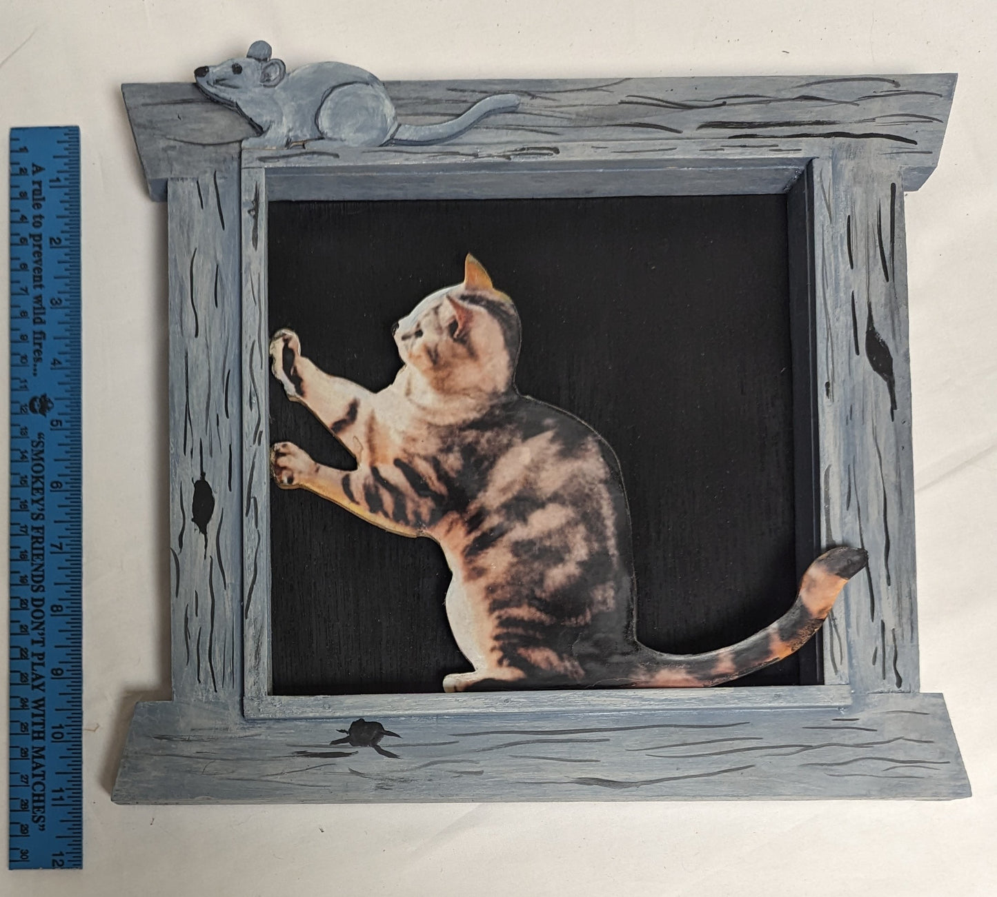 Art Handmade Mixed Media Painting Phot on wood board " Kitten in window"