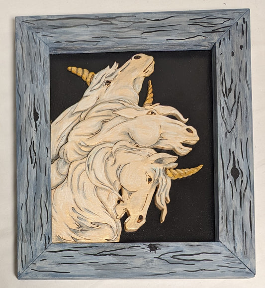 Art Handmade Mixed Media Painting Photo on wood board " Triple Unicorns" Unicorncore