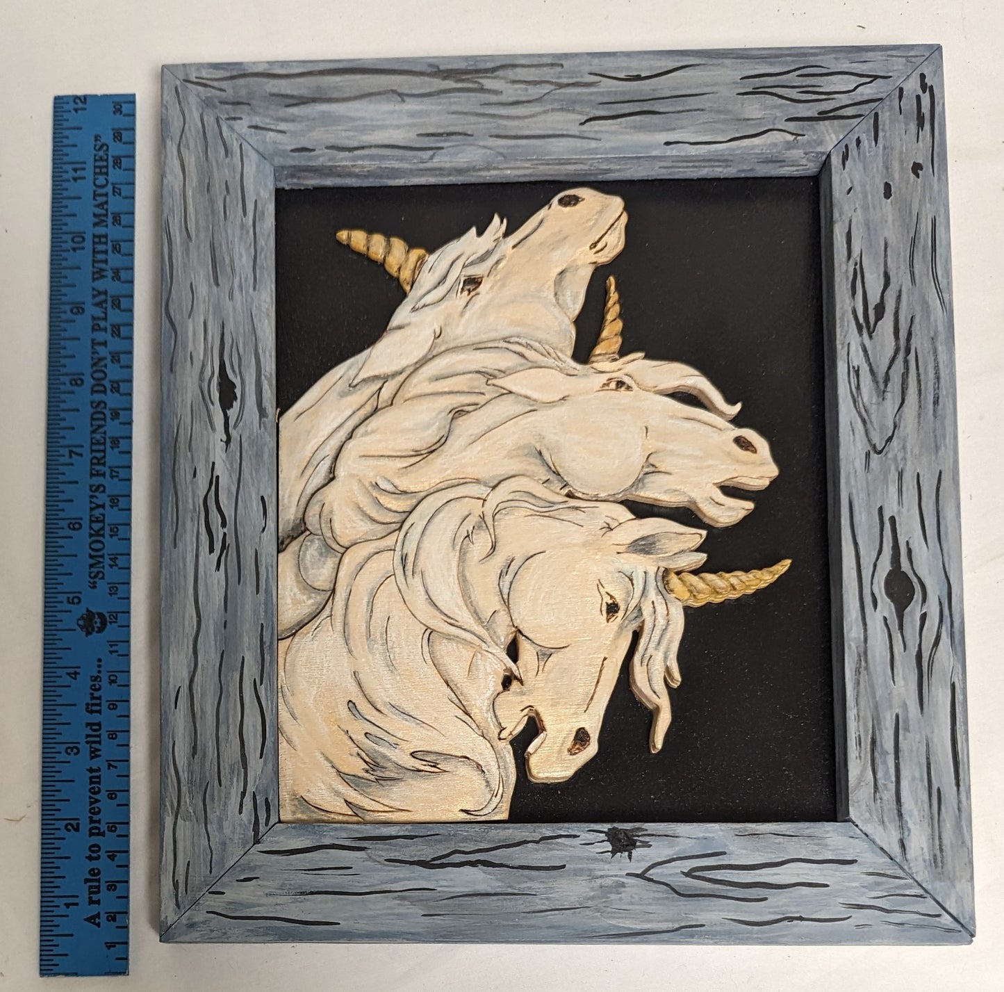 Art Handmade Mixed Media Painting Photo on wood board " Triple Unicorns" Unicorncore