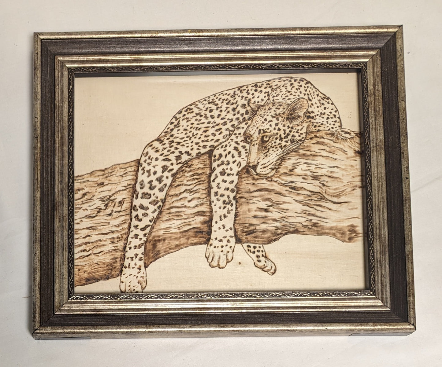Art Handmade Pyrography on wood board "leopard lounging"  in frame under glass