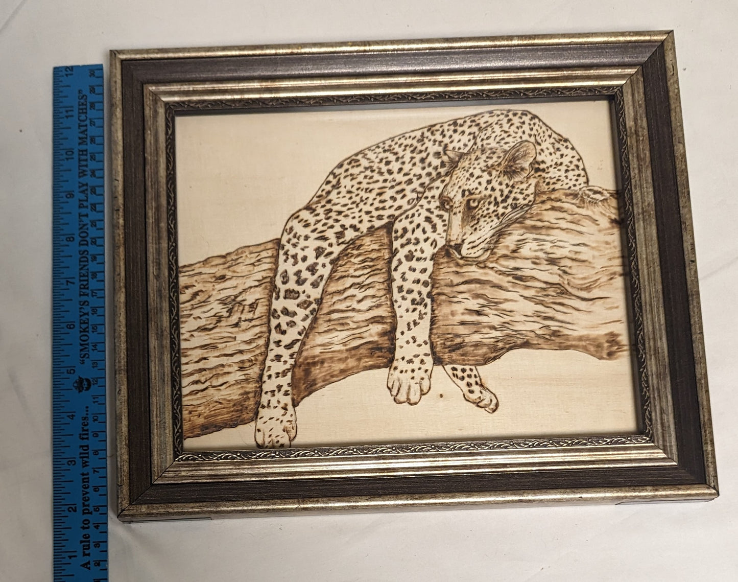Art Handmade Pyrography on wood board "leopard lounging"  in frame under glass