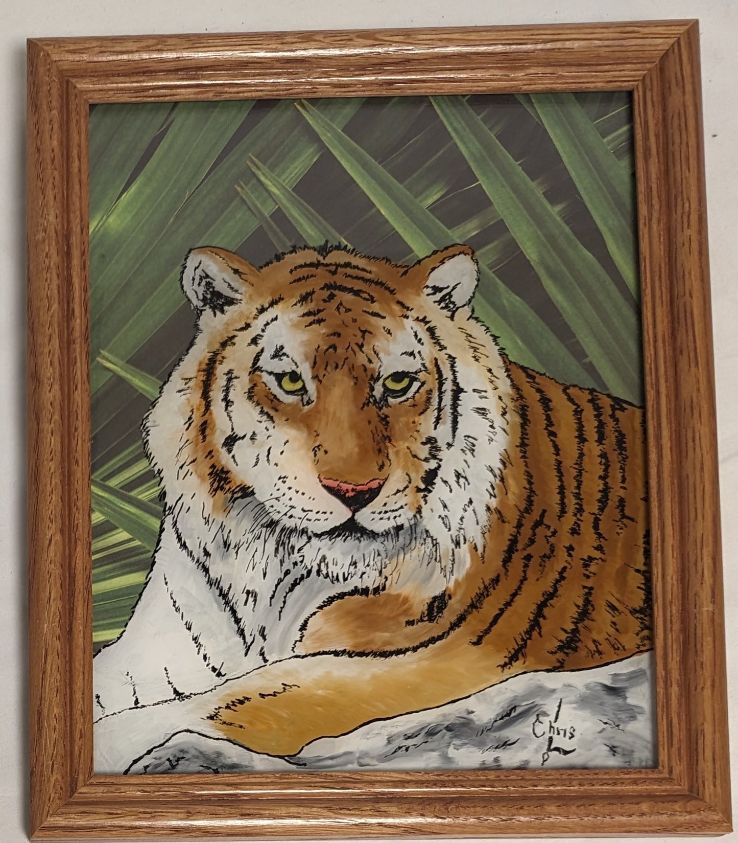 Art By Hand Painted on glass backward  " Tiger " over palm background photo in frame under glass