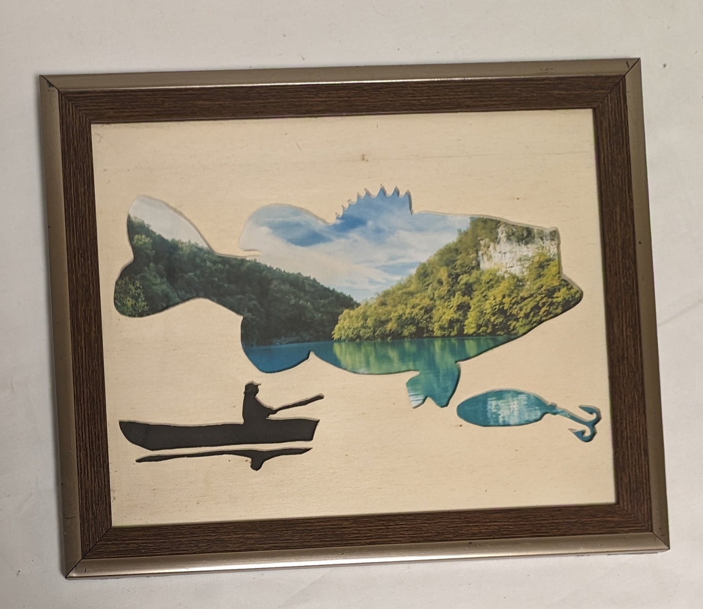 Art By Hand Mixed media Scroll Sawn " Boat on Water " over photograph shoreside background photo in frame under glass